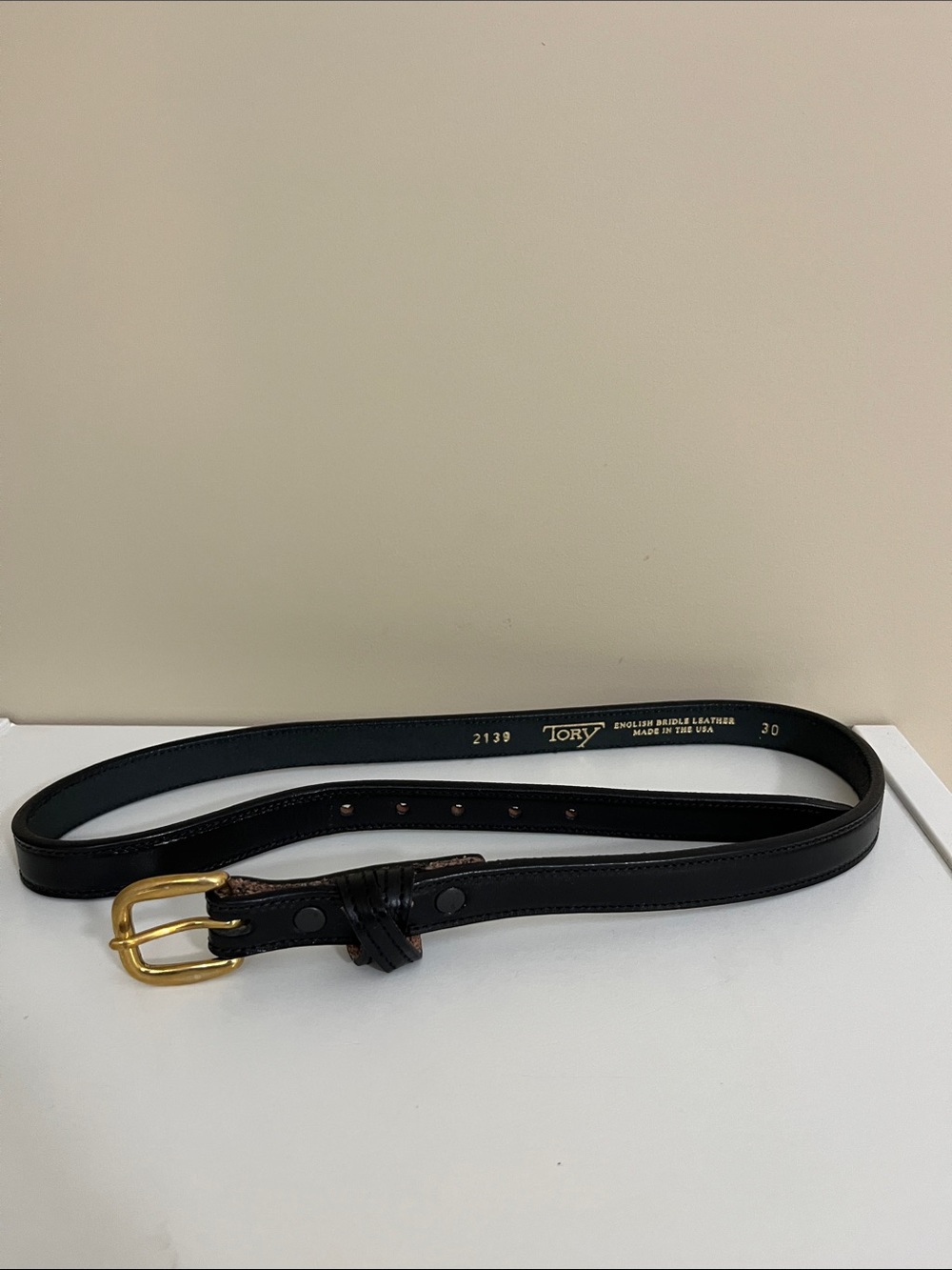 Tory Burch Black Leather Belt with Gold Buckle Detail